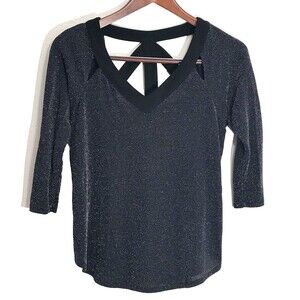AUW Knit Top Black Silver Glitter 3/4 Sleeve Cut Out V-neck Stretch Party